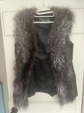 Grey Fox Fur Trim Leather Vest